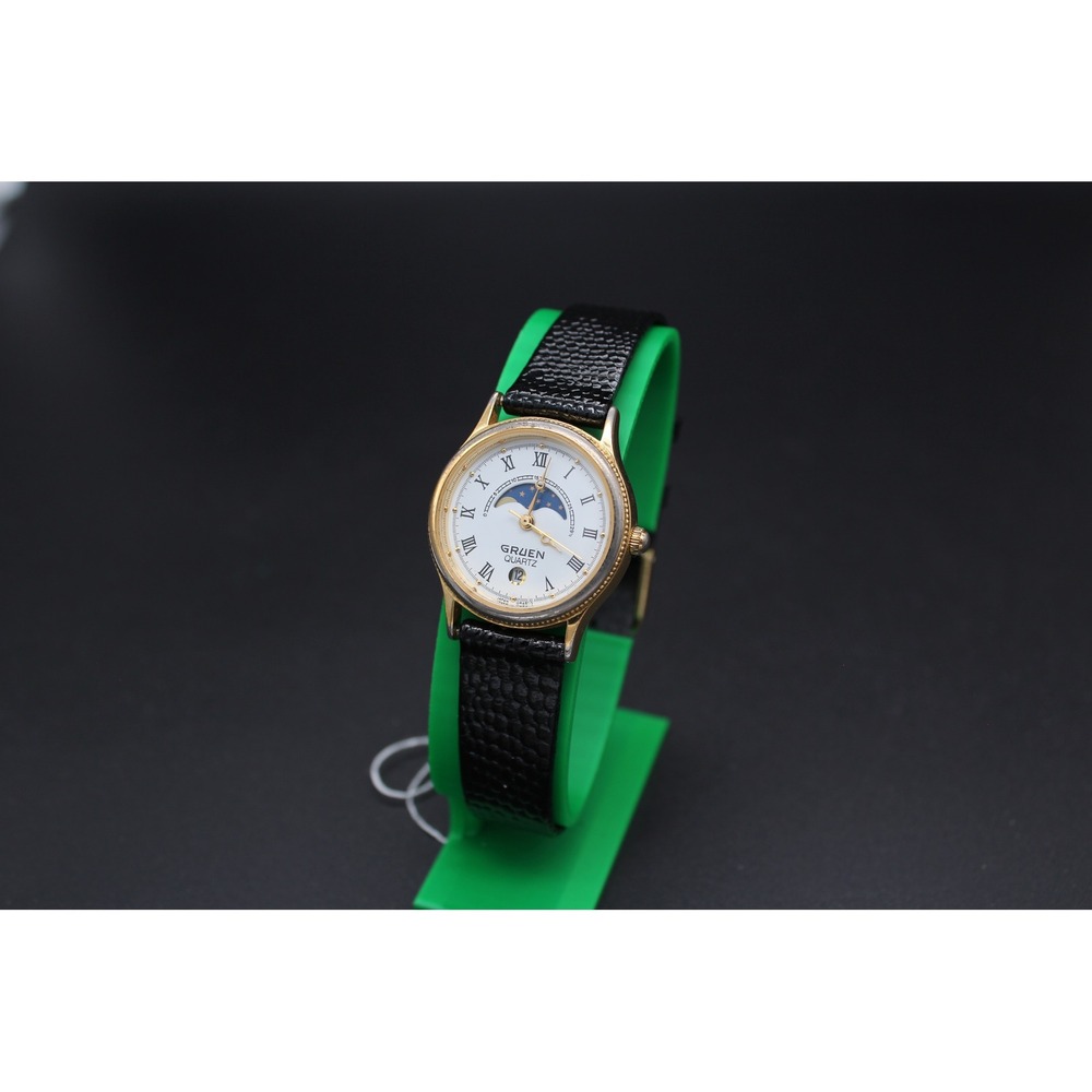 Vintage‎ Gruen Quartz Moonphase Date Watch Ref 225-6185 Gold Tone Roman Dial